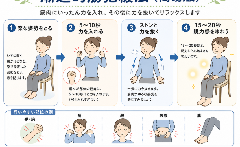 漸進的筋弛緩法の基本的なやり方を4ステップで示した図